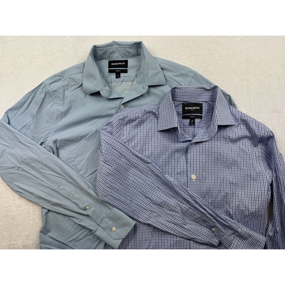 Bonobos Dress Shirt Mens 15 33 Lot Of 2 Blue Gingham Tailored Fit Stretch LS